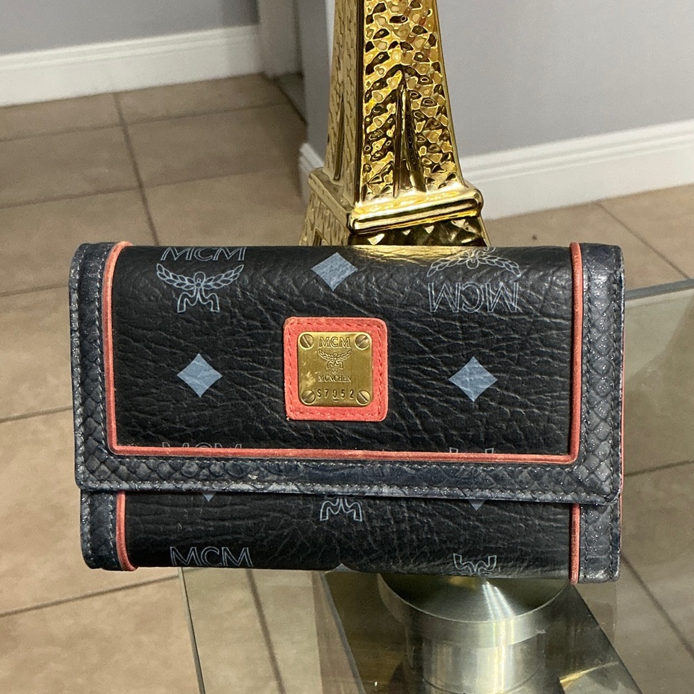 MCM Black and Coral Wallet with Gold Accents